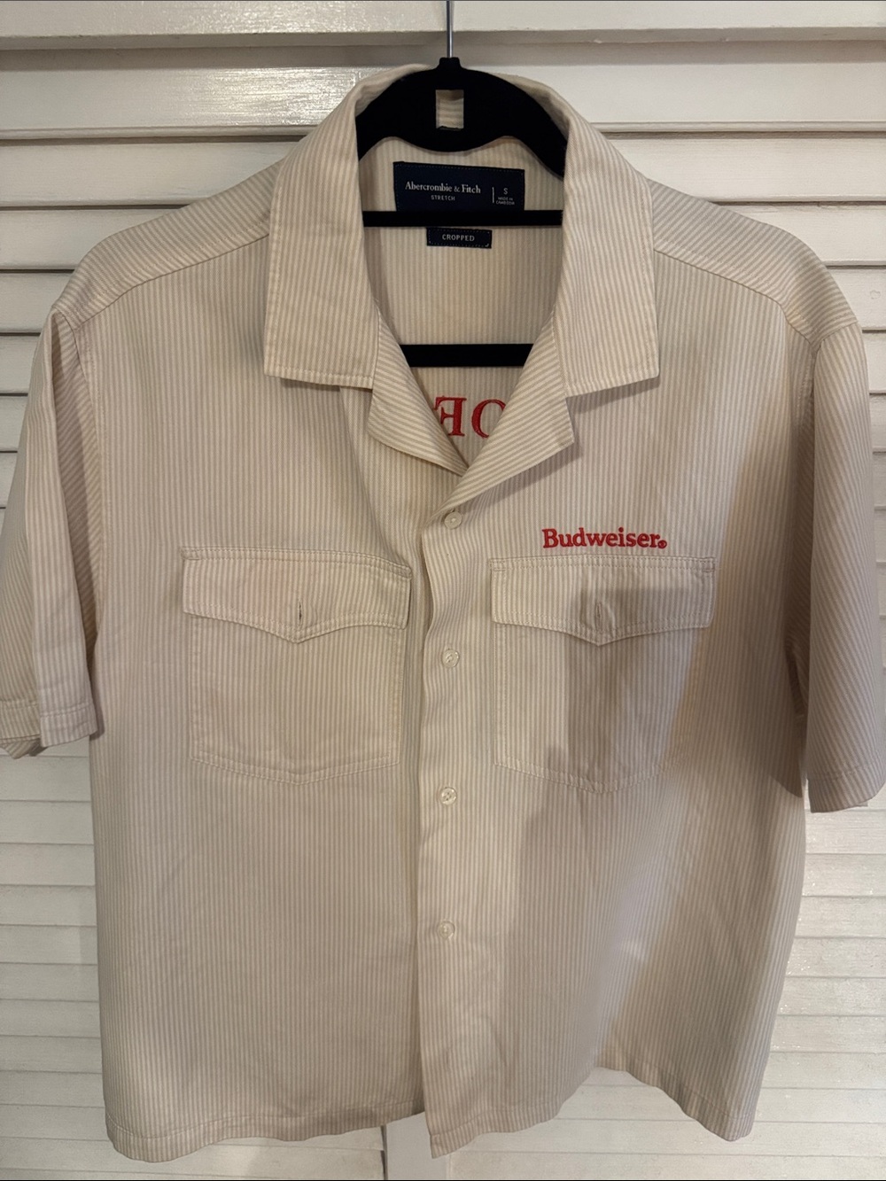 Abercrombie & Fitch Cream Short-Sleeve Camp Shirt with Red Budweiser Logo